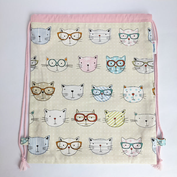 Cool cats drawstring bag with baby pink lining and drawcords