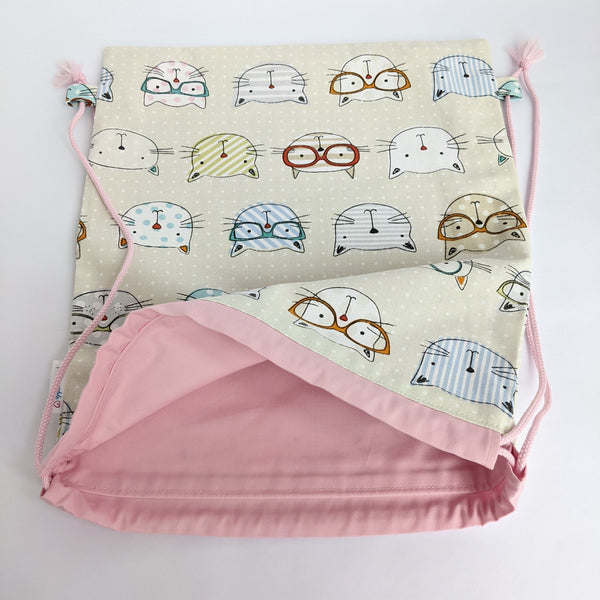 Open Cool cats drawstring bag with baby pink lining and drawcords