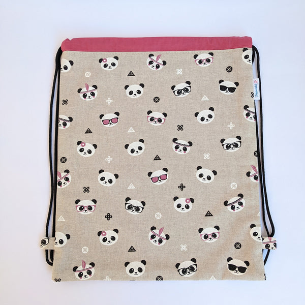 Panda Drawstring backpack with Medium pink lining and black drawcords