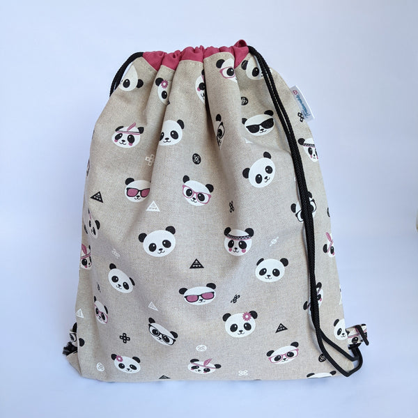 Closed Panda Drawstring backpack with Medium pink lining and black drawcords