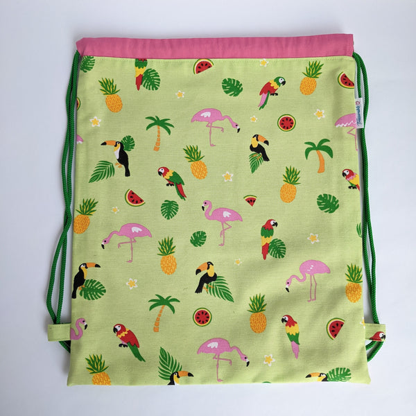 Tropical bird Drawstring bag with bubblegum pink lining and grass green drawcords