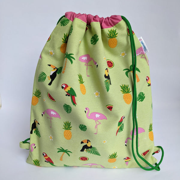 Closed Tropical bird Drawstring bag with bubblegum pink lining and grass green drawcords
