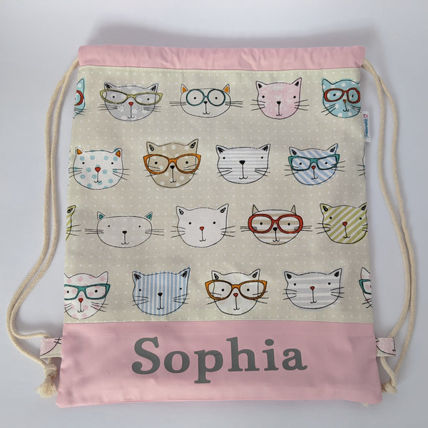 Personalised (with name) cool cats drawstring bag with baby pink name panel and lining and drawcords
