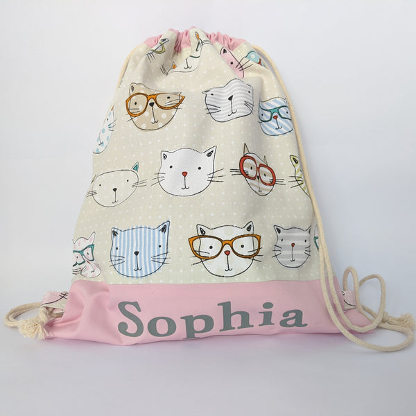 Closed Personalised (with name) cool cats drawstring bag with baby pink name panel and lining and drawcords