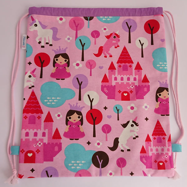 Princess Drawstring Bag with purple lining and baby pink drawcords