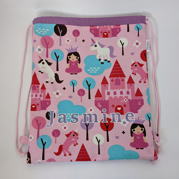 Personalised Princess Drawstring bag with purple lining and baby pink drawcords