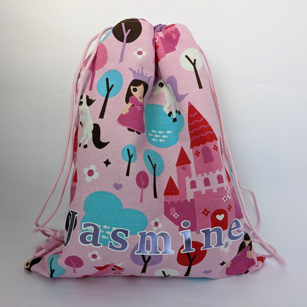 Personalised Princess Drawstring bag with purple lining and baby pink drawcords