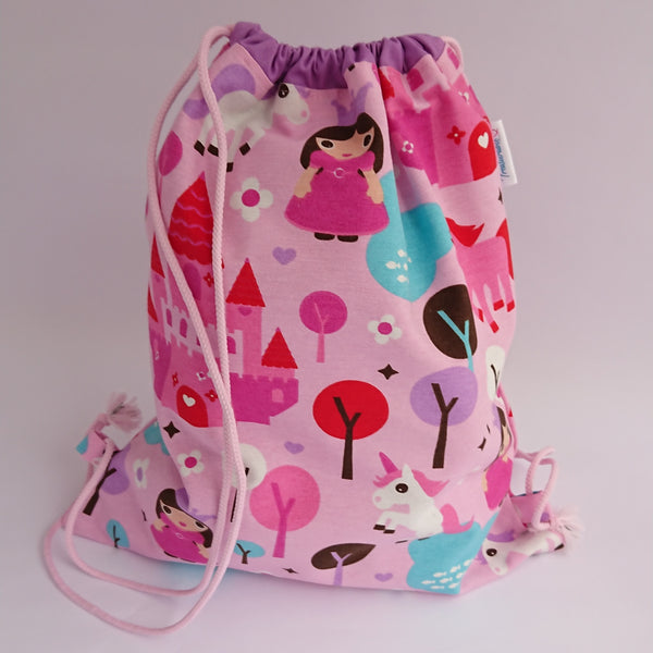 Princess Drawstring bag with purple lining and baby pink drawcords