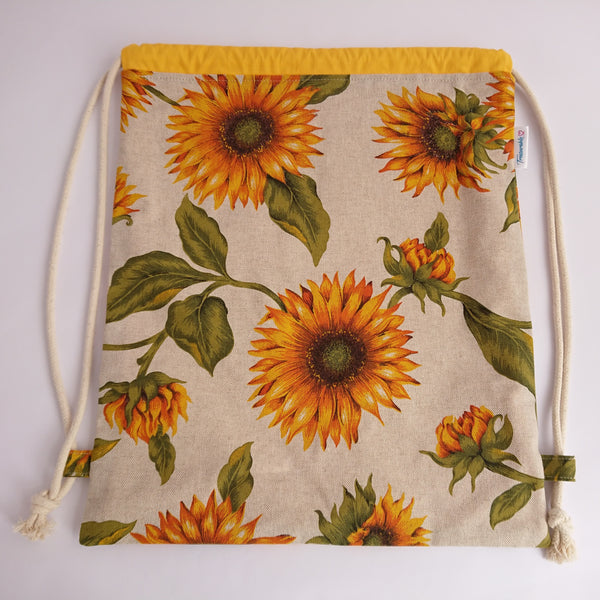 Sunflower Drawstring bag with yellow lining ad natural drawcords