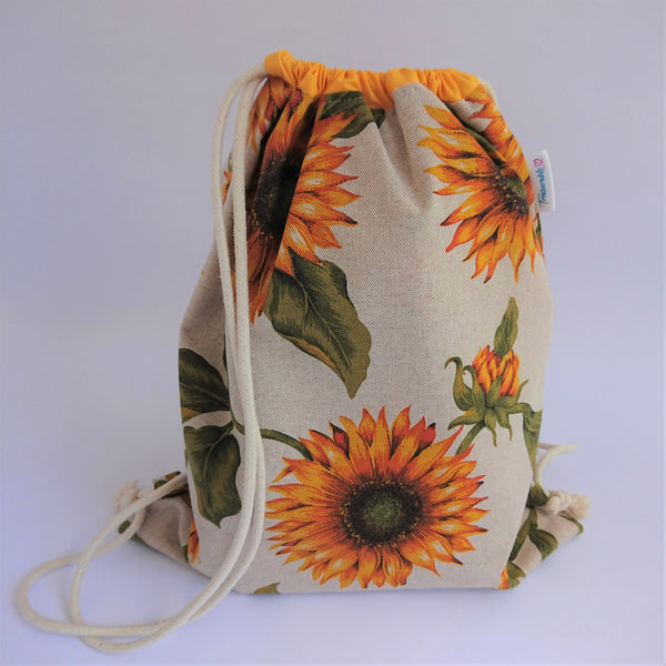 Sunflower Drawstring bag with yellow lining ad natural drawcords
