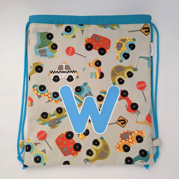 Personalised (with initial) Toy vehicles drawstring bag with turquoise lining and drawcords