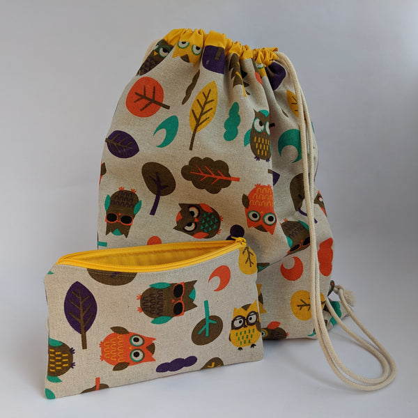 Owl Drawstring Bag with Matching Owl Pencil Case