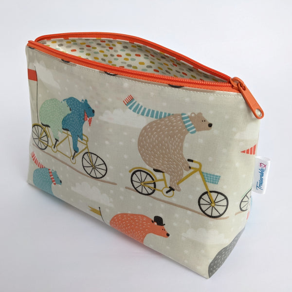Unzipped, Medium Bears on Bicycles Oilcloth Wash Bag/ Toiletry Bag/ Cosmetics Bag with Colour coordinating Dash Lining