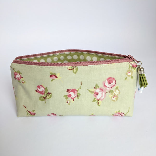 Unzipped, Mini Oilcloth Pouch in Sage floral design and spotty green oilcloth lining