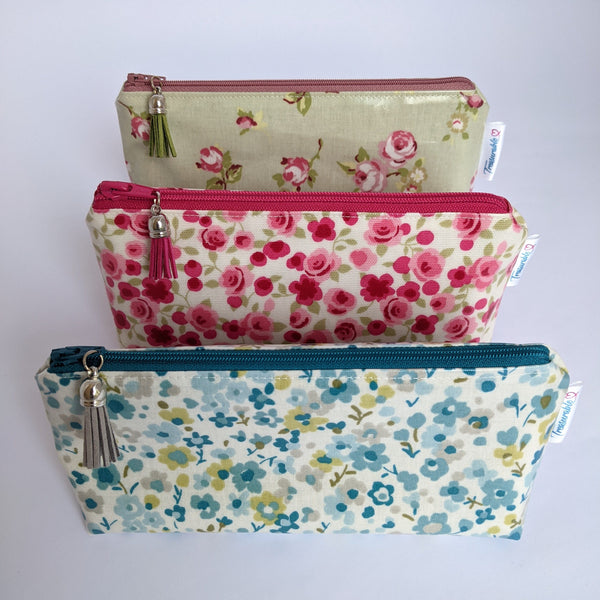 Mini Oilcloth Pouches, Wipeable with stylish tassel - 3 floral designs in green, teal and pink