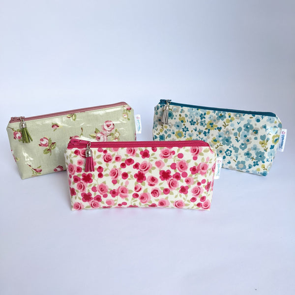 Mini Oilcloth Pouches, Wipeable with stylish tassel - 3 floral designs in green, teal and pink