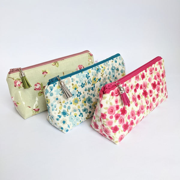 Mini Oilcloth Pouches, Wipeable with stylish tassel - 3 floral designs in green, teal and pink