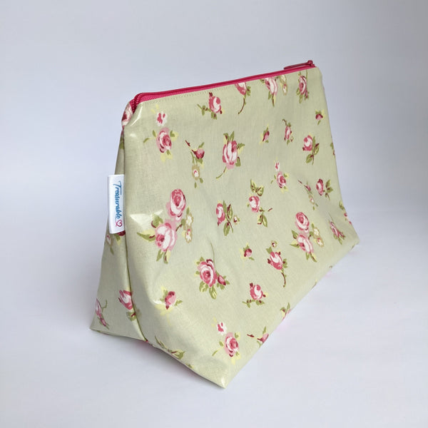 Side View of Large, Sage Rosebud Oilcloth Pouch/ Bag, Wash Bag, Cosmetics Bag, Toiletry Bag