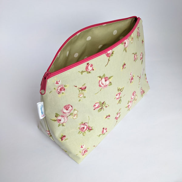 Unzipped, Medium, Sage Rosebud Oilcloth Pouch/ Bag, Wash Bag, Cosmetics Bag, Toiletry Bag with sage Spotty Oilcloth Lining
