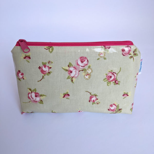 Small, Sage Rosebud Oilcloth Pouch/ Bag, Wash Bag, Cosmetics Bag, Toiletry Bag