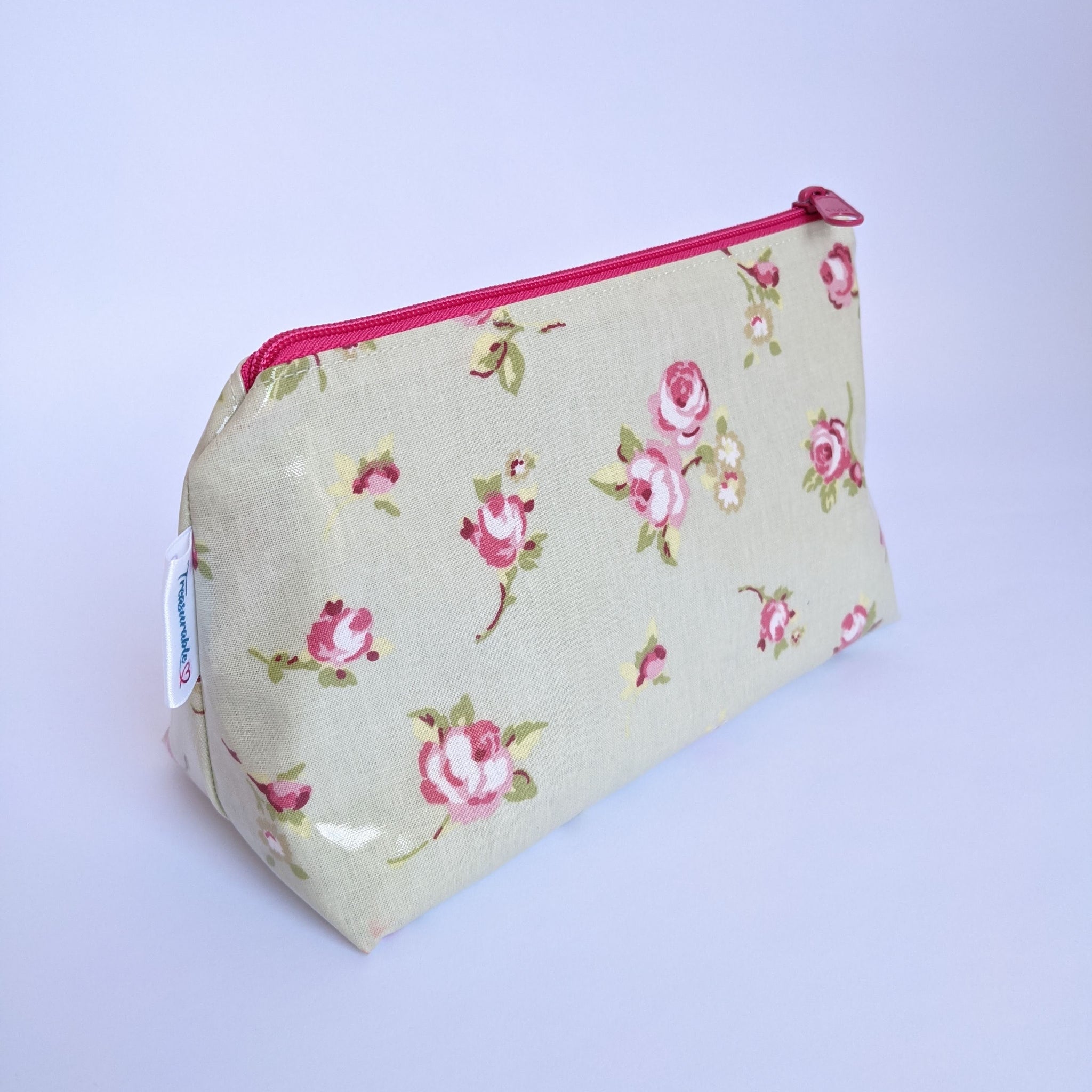 Side View of Small, Sage Rosebud Oilcloth Pouch/ Bag, Wash Bag, Cosmetics Bag, Toiletry Bag