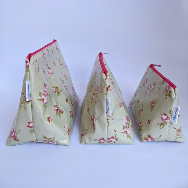 Small, Medium & Large, Sage Rosebud Oilcloth Pouch/ Bag, Wash Bag, Cosmetics Bag, Toiletry Bag