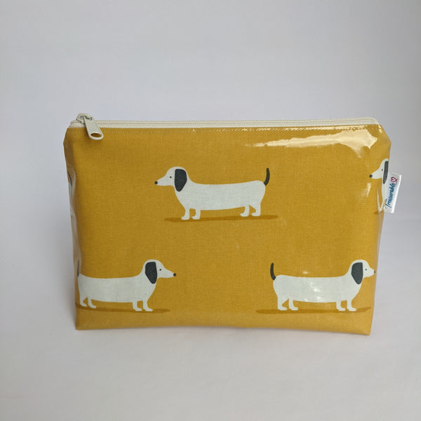 Medium Mustard Dachshund Oilcloth Bag, Wash Bag, Toiletry Bag/ Pouch