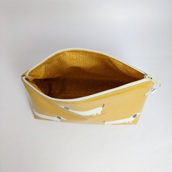 Unzipped, Medium Mustard Dachshund Oilcloth Bag, Wash Bag, Toiletry Bag/ Pouch with Colour Coordinating Mustard Lining