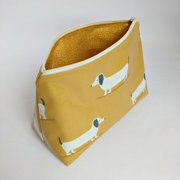 Unzipped, Side View of Medium Mustard Dachshund Oilcloth Bag, Wash Bag, Toiletry Bag/ Pouch with Oilcloth Lining