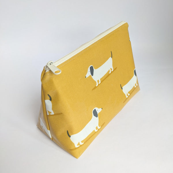 Side View of Medium Mustard Dachshund Oilcloth Bag, Wash Bag, Toiletry Bag/ Pouch