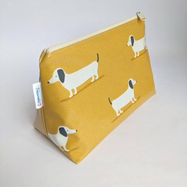 Side View of Medium Mustard Dachshund Oilcloth Bag, Wash Bag, Toiletry Bag/ Pouch
