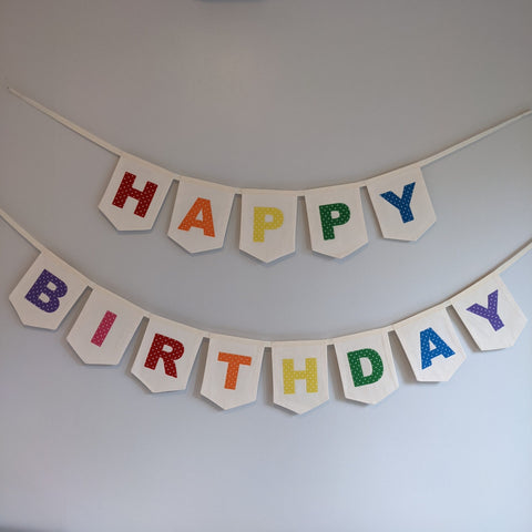 Bright Rainbow Coloured 'Happy Birthday' Fabric Bunting on two strings