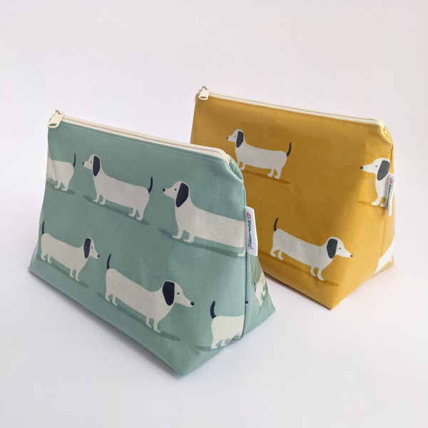 Medium Dachshund Oilcloth Cosmetics Bags in Duck Egg and Mustard Colours
