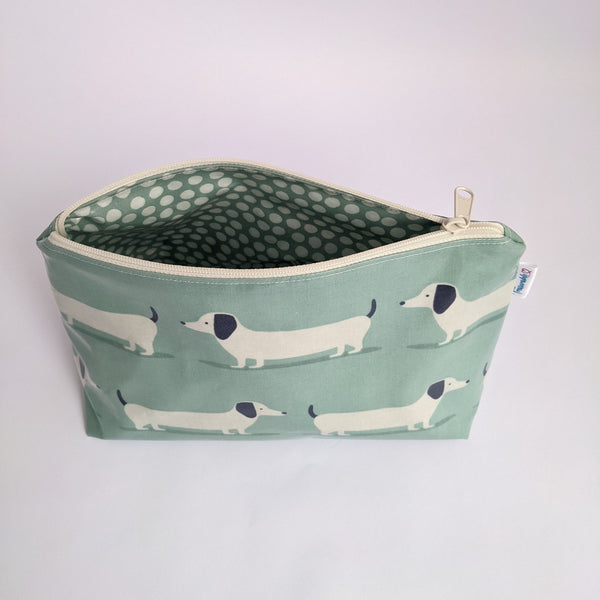 Unzipped, Medium Duck Egg Oilcloth Cosmetics Bag with Duck Egg Spotty Oilcloth Lining