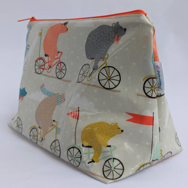 Side View of Medium Bears on Bicycles Oilcloth Wash Bag/ Toiletry Bag/ Cosmetics Bag