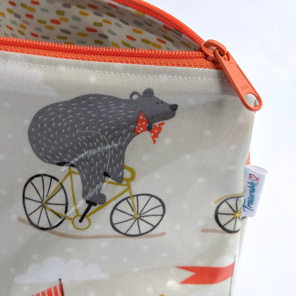 Close up of YKK Zip on Medium Bears on Bicycles Oilcloth Wash Bag/ Toiletry Bag/ Cosmetics Bag