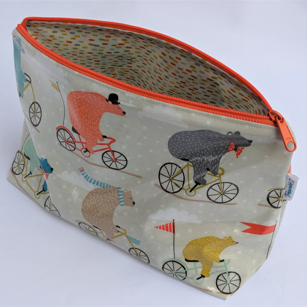 Unzipped, Large Bears on Bicycles Oilcloth Wash Bag/ Toiletry Bag/ Cosmetics Bag with Colour coordinating Dash Lining