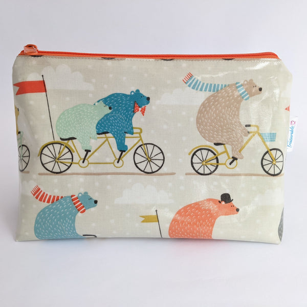 Medium Bears on Bicycles Oilcloth Wash Bag/ Toiletry Bag/ Cosmetics Bag