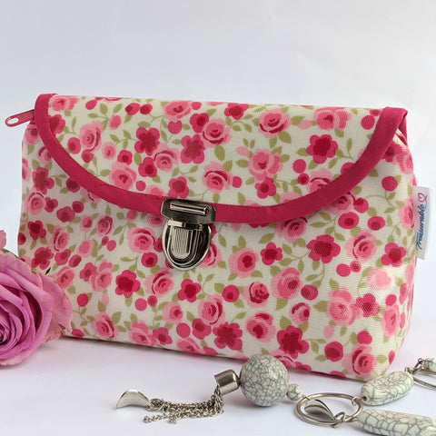 Floral Pink, Oilcloth Cosmetic Bag With Fold Over Brush Roll