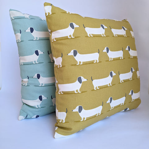 Green Olive and Duck Egg Dachshund Patterned Cushions