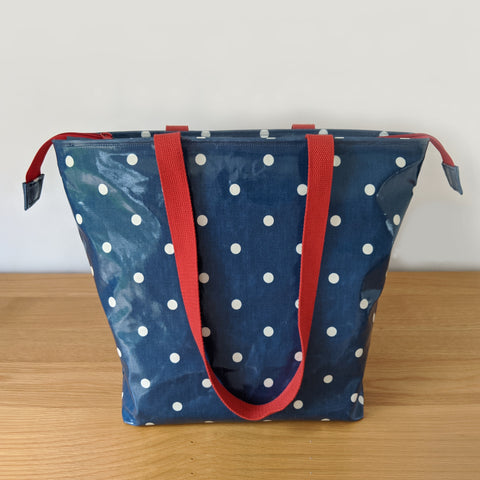Demin Blue, Large Oilcloth Shoulder bag with recessed red zip and Cotton Webbing handles