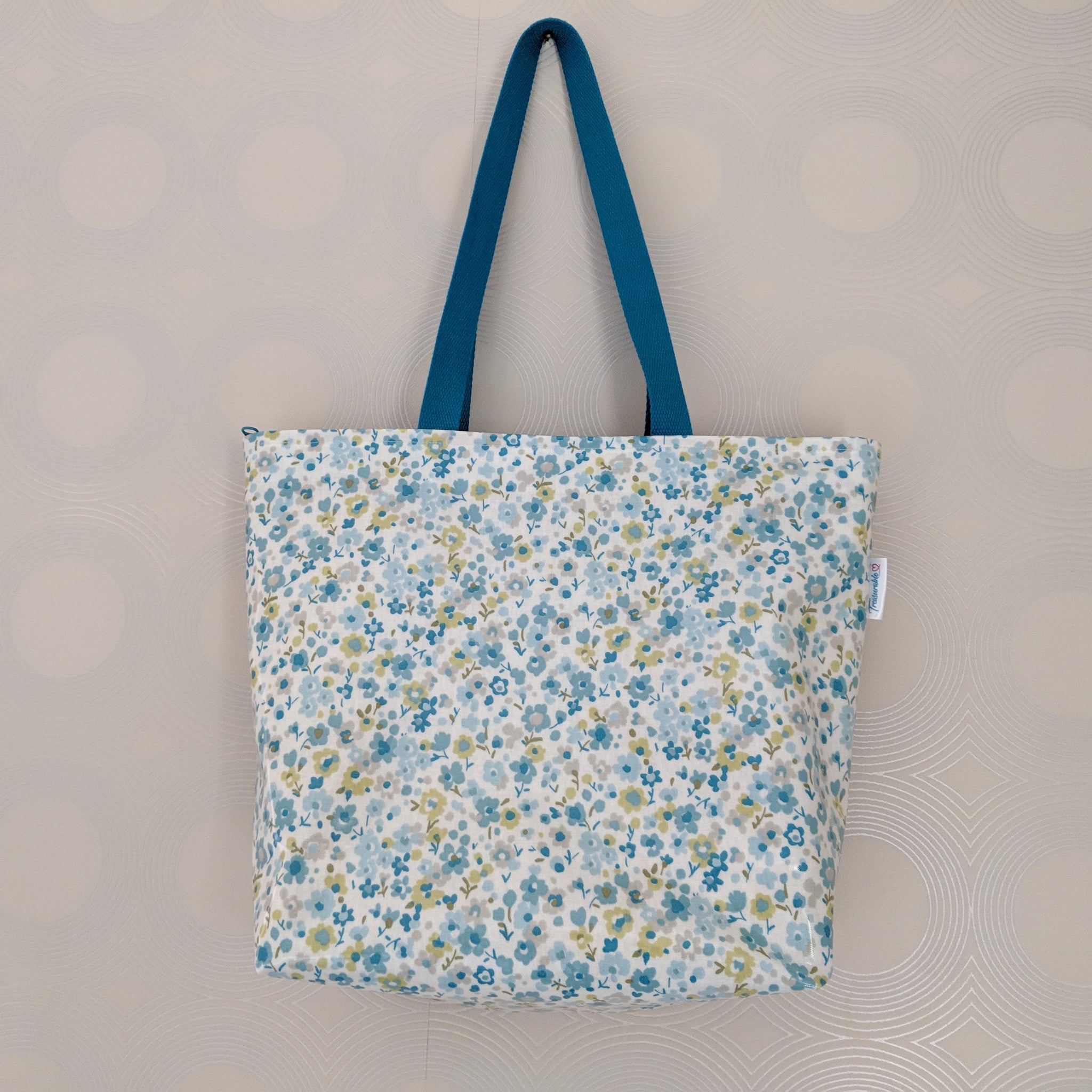 Large Teal Floral Oilcloth Shoulder Bag with Teal Cotton Webbing Handles and Recessed Zip