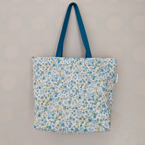 Large Teal Floral Oilcloth Shoulder Bag with Teal Cotton Webbing Handles and Recessed Zip