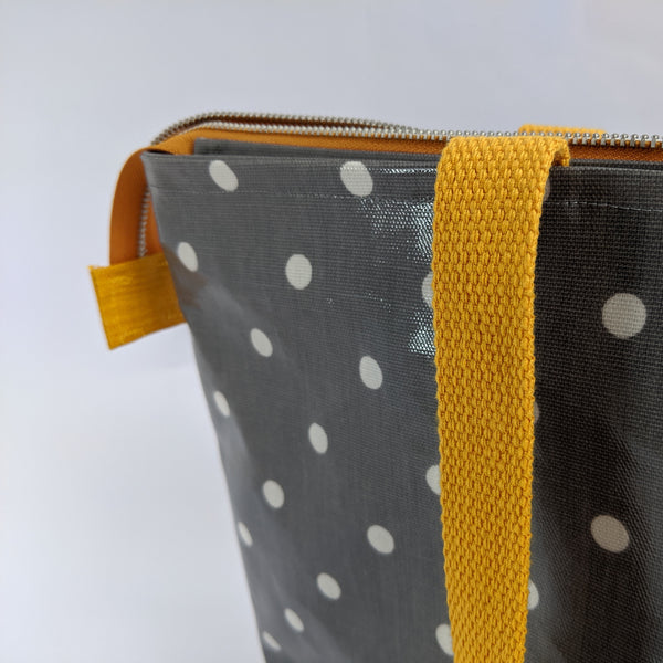 Close up of Cotton Webbing Handles on Grey Polka Dot, Large Oilcloth Shoulder bag