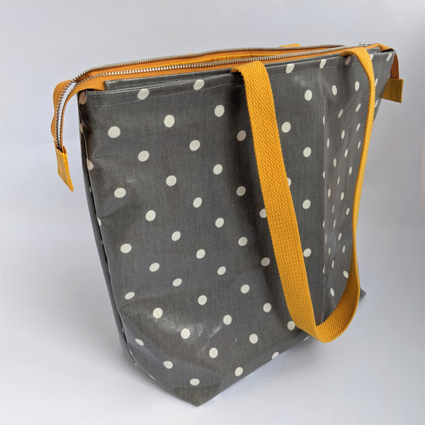 Polka Dot Grey Large Oilcloth Shoulder bag, with Mustard Zip and Handles.