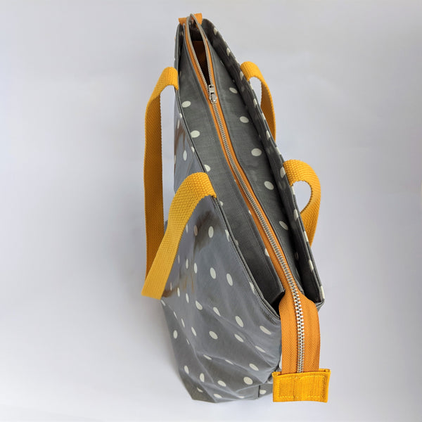 Grey Polka Dot, Large Oilcloth Shoulder bag with recessed zip and Cotton Webbing handles.