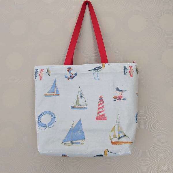 Nautical Style Large Oilcloth Shoulder Bag with Red Cotton Webbing Handles and Recessed Zip.